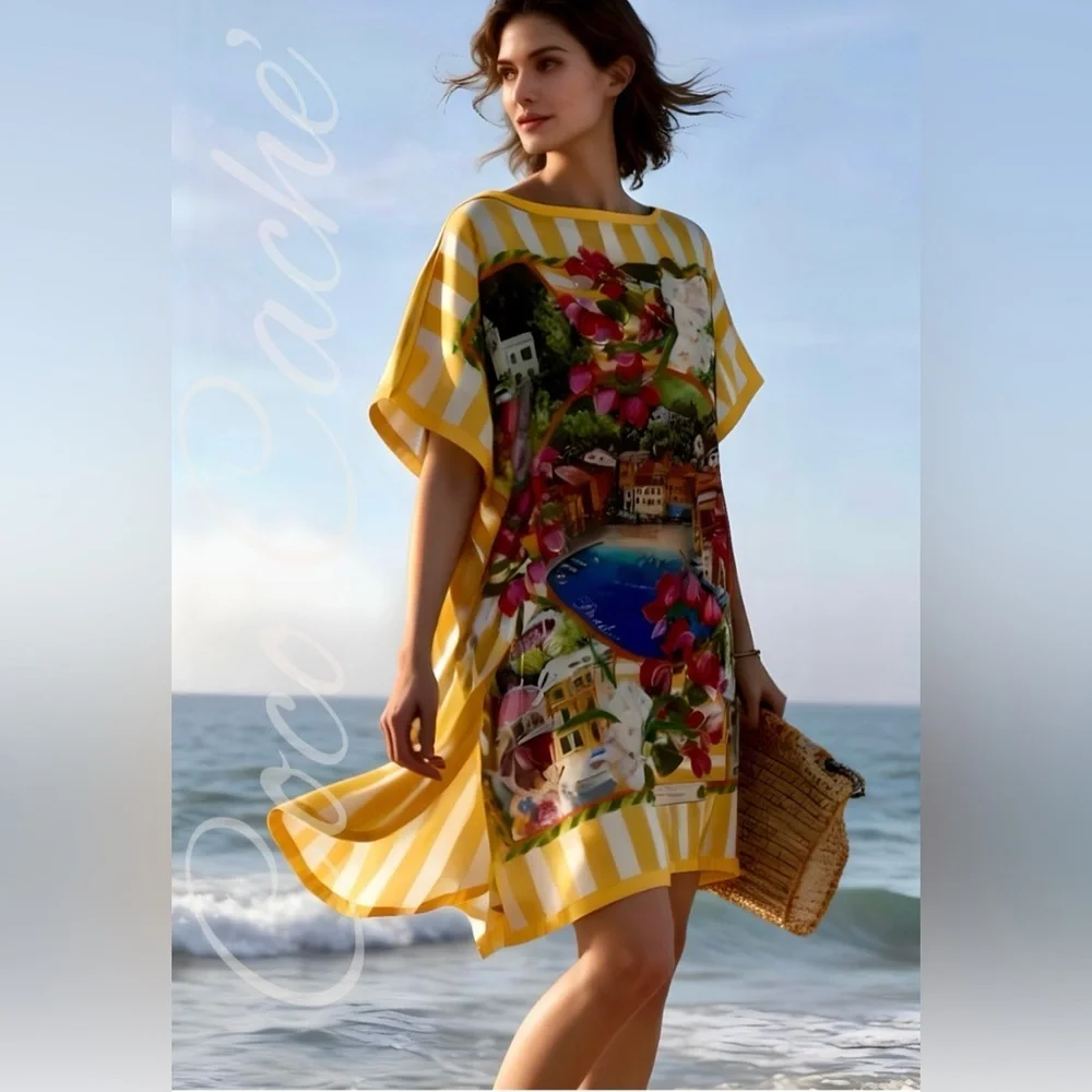 Portofino Riviera Tropical Pattern Oversized Casual Midi Dress - Picture 15 of 16